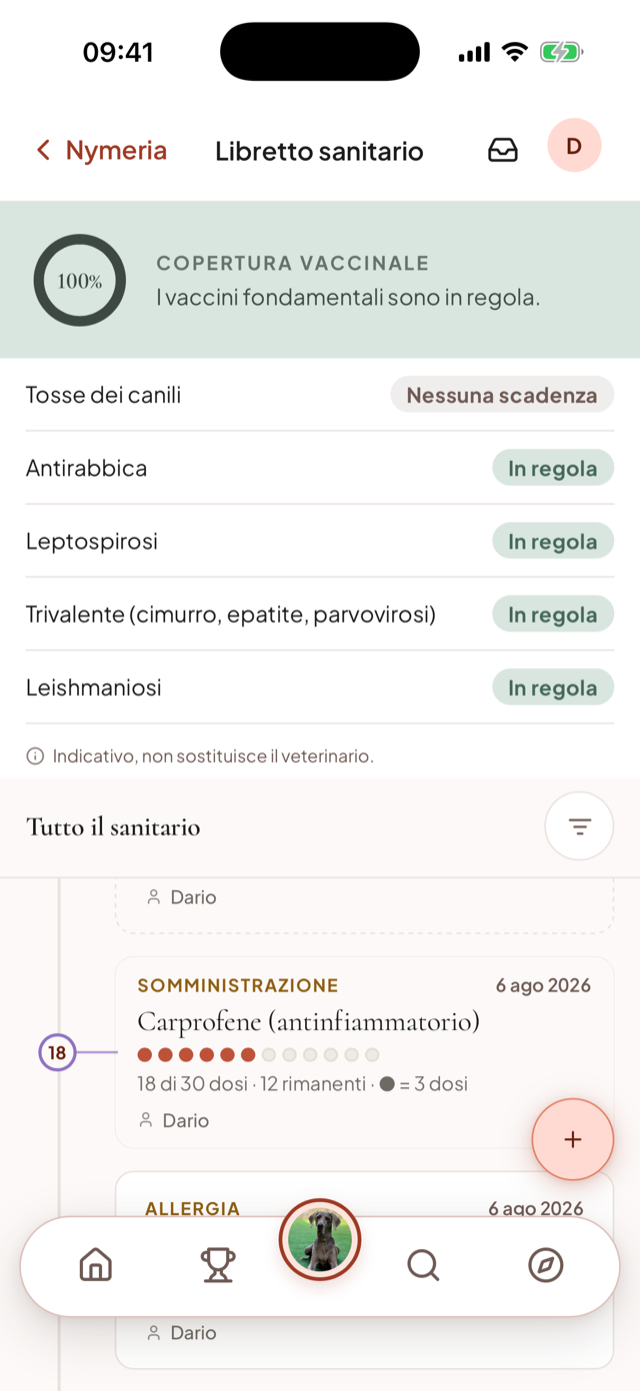 Il libretto sanitario nell'app shizu: copertura vaccinale al 100%, vaccini in regola e le somministrazioni in corso.